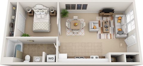 a rendering of the living room and bedroom of a 1 bedroom apartment
